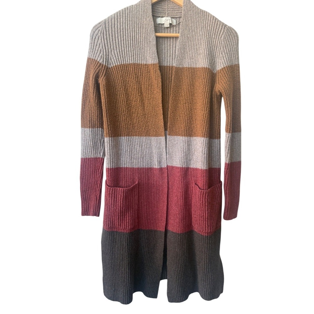 Loft Long Striped Ribbed Cardigan Sweater Size S Preppy Pockets Casual Cotton
